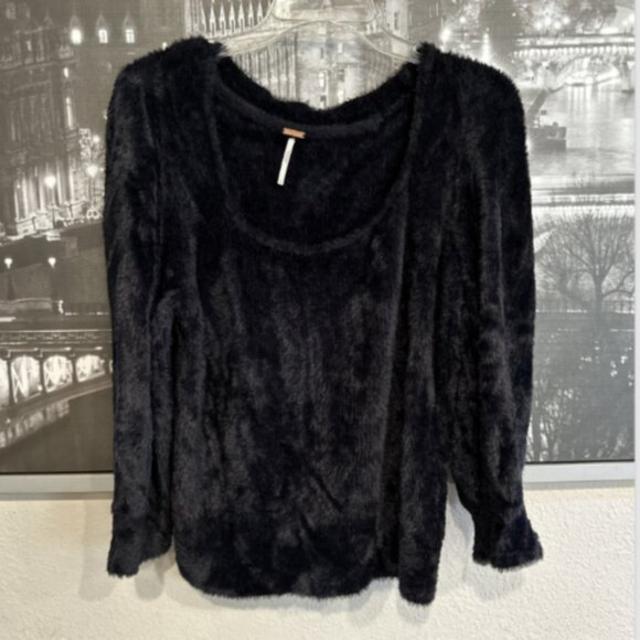 Free People Large Black Sweater Moonbeam Pullover Soft‎ Fuzzy 3/4 Sleeve Soft - Picture 4 of 10